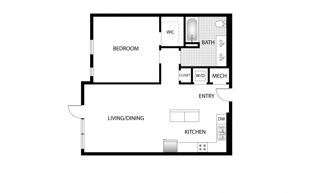 Silverbell - 1 bedroom floorplan layout with 1 bath and 806 square feet.