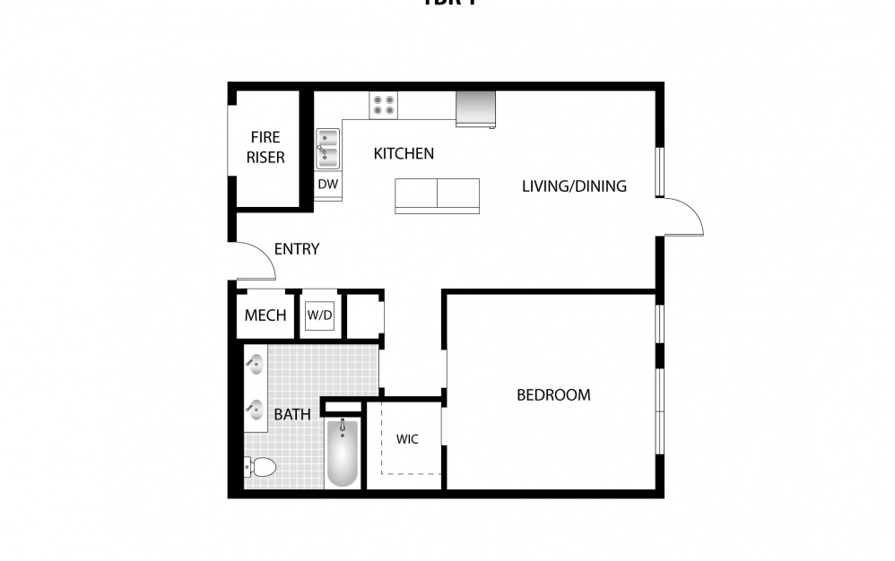 Lily - 1 bedroom floorplan layout with 1 bath and 840 square feet.