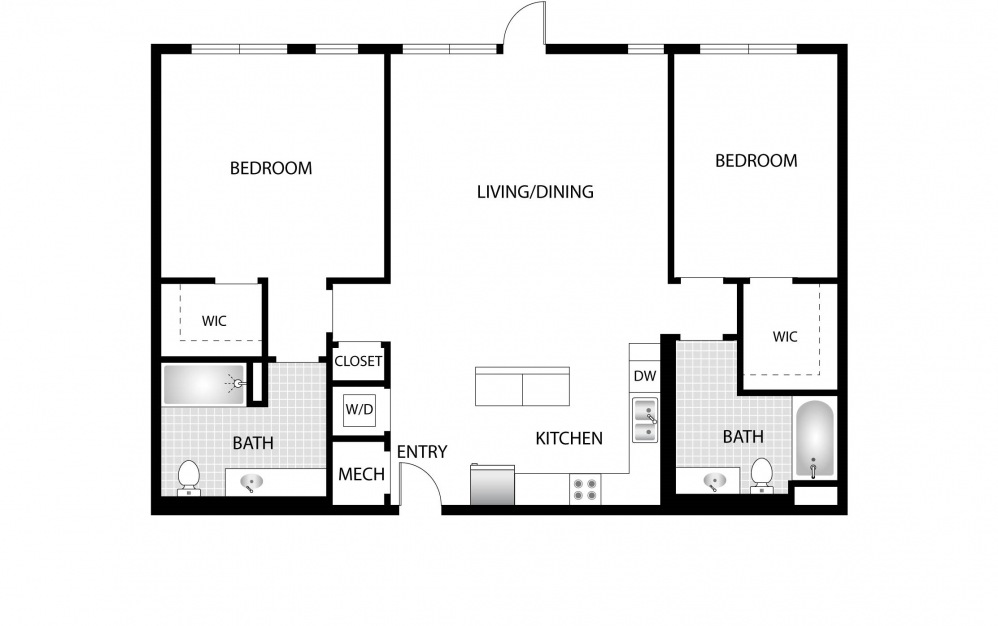 Sweetgum - 2 bedroom floorplan layout with 2 baths and 1230 square feet.