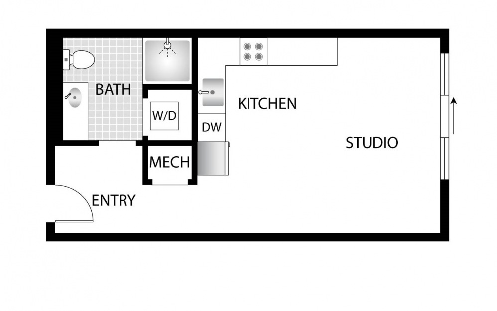 Chickadee - Studio floorplan layout with 1 bath and 400 square feet.