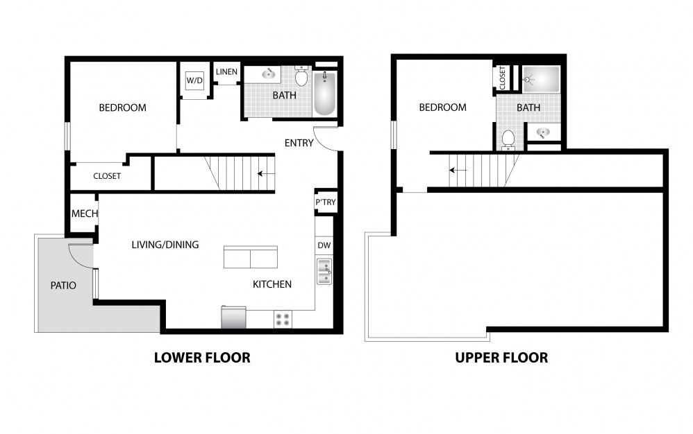 Ash - 2 bedroom floorplan layout with 2 baths and 1055 square feet.
