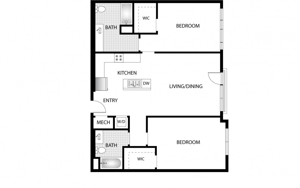 Loblolly - 2 bedroom floorplan layout with 2 baths and 1140 square feet.
