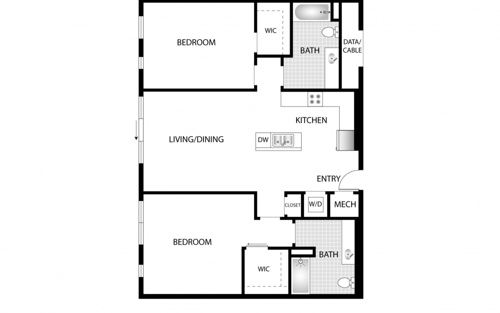 Hickory - 2 bedroom floorplan layout with 2 baths and 1115 to 1200 square feet.