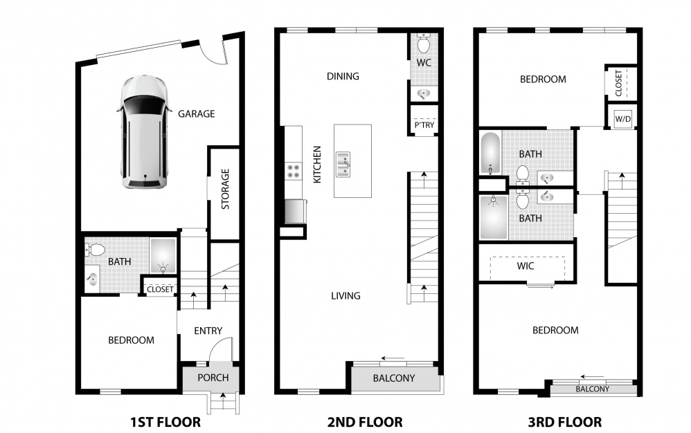 Elderwood - 3 bedroom floorplan layout with 3.5 baths and 2075 square feet.