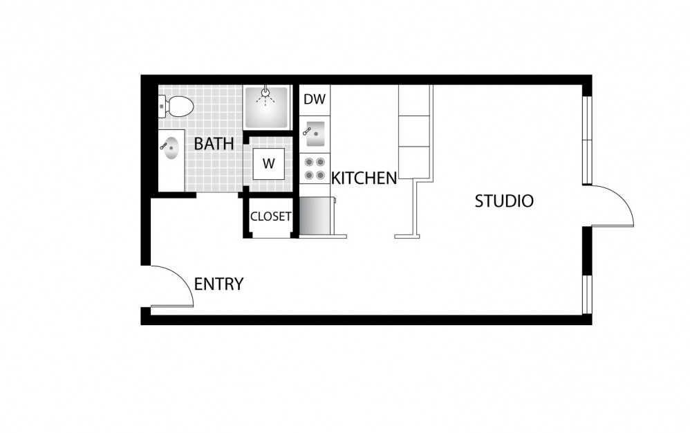 Sparrow - Studio floorplan layout with 1 bath and 485 square feet.