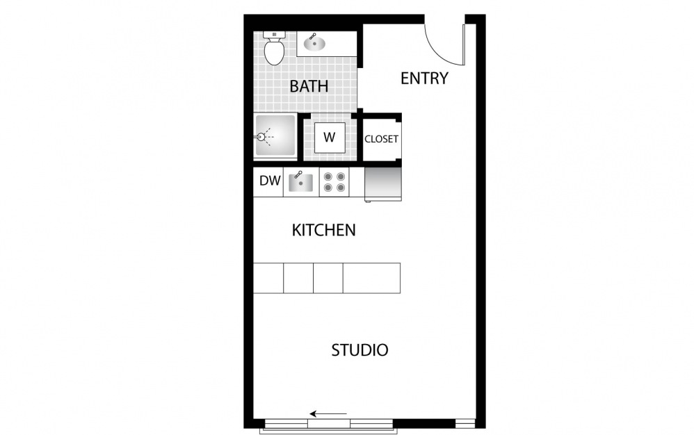 Finch - Studio floorplan layout with 1 bath and 435 square feet.