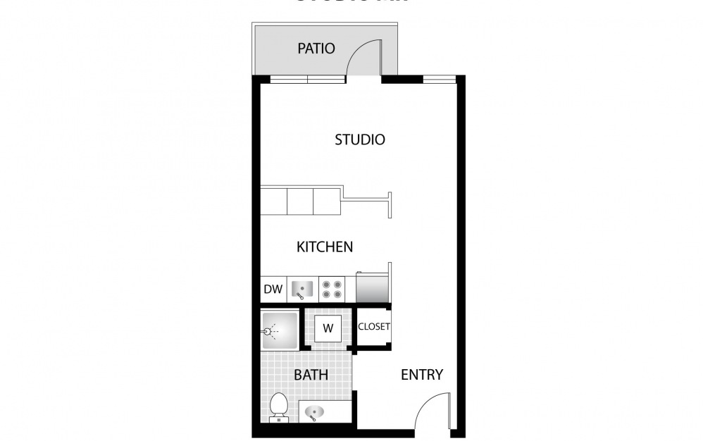 Cardinal - Studio floorplan layout with 1 bath and 450 to 455 square feet.