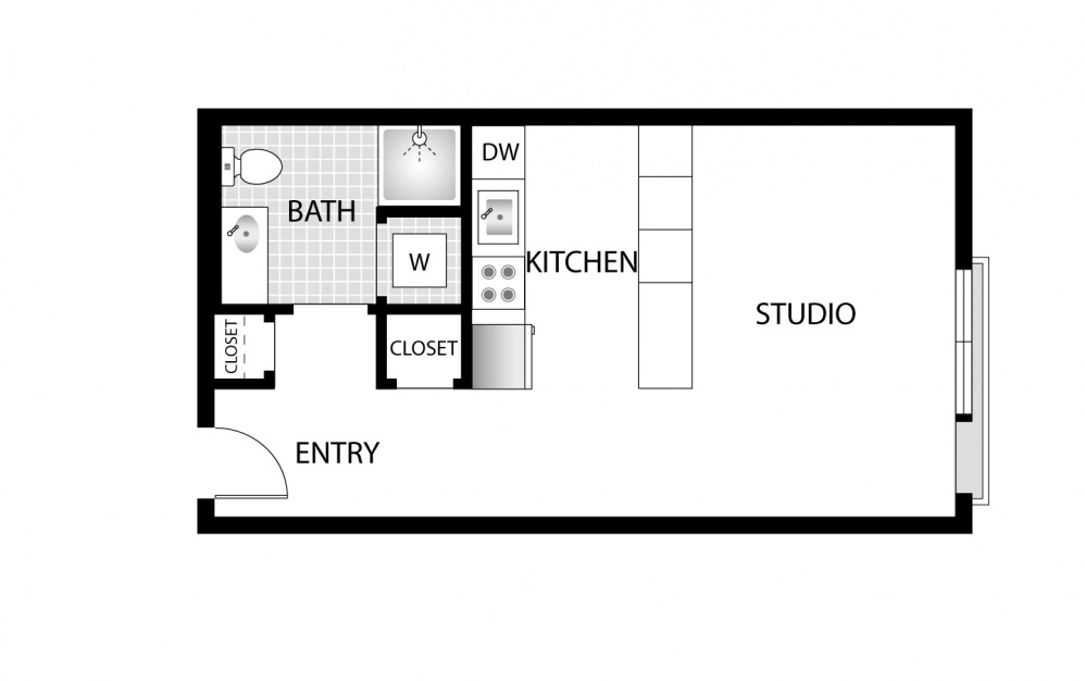Bluejay - Studio floorplan layout with 1 bath and 405 square feet.